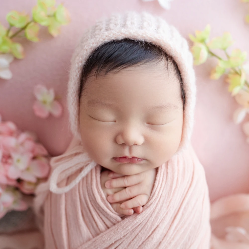 Pink Baby Wrap Newborn Photography Props Knitted Newborn Wraps for Photography Cotton Baby Hat Photo Shoot Accessories