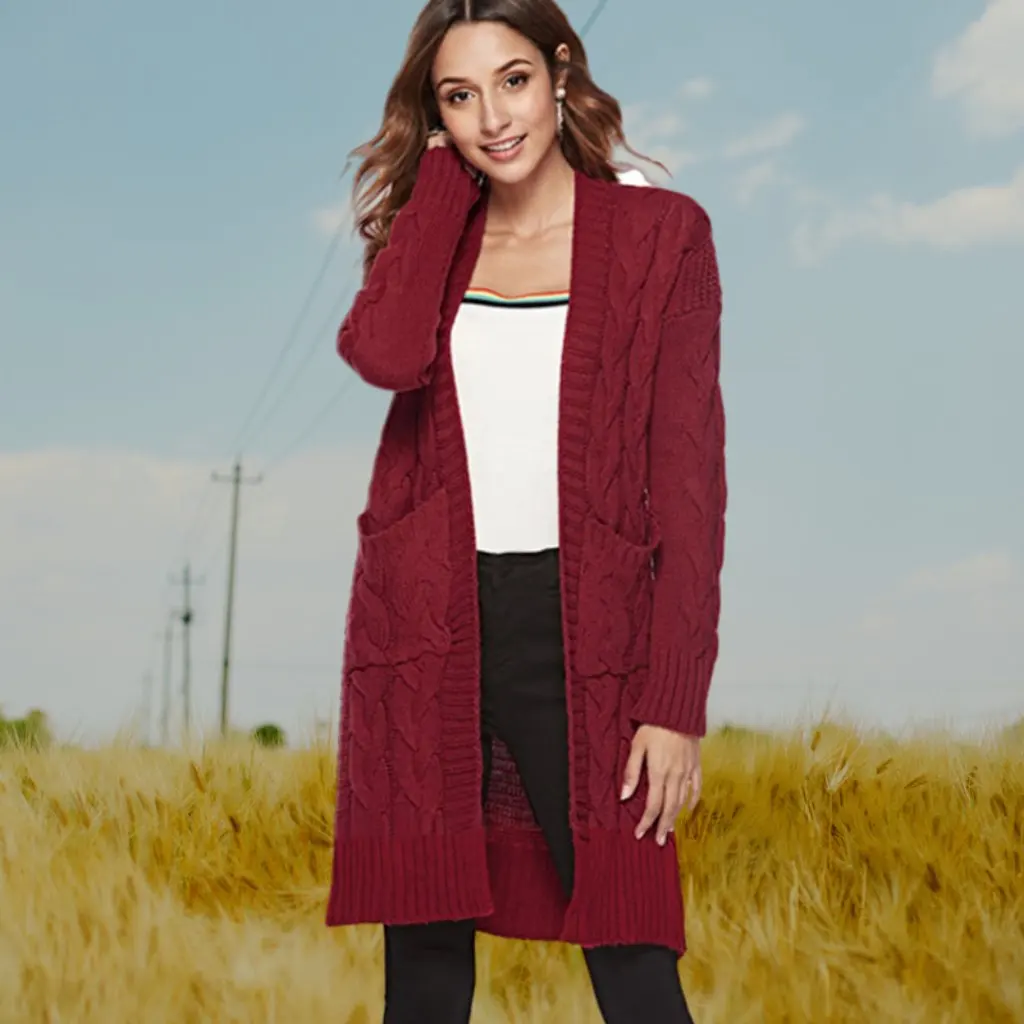 

Осень-зима, однотонный повседневный кардиган с длинными рукавами и карманами, трикотаж для женщин в европейском и американском стиле