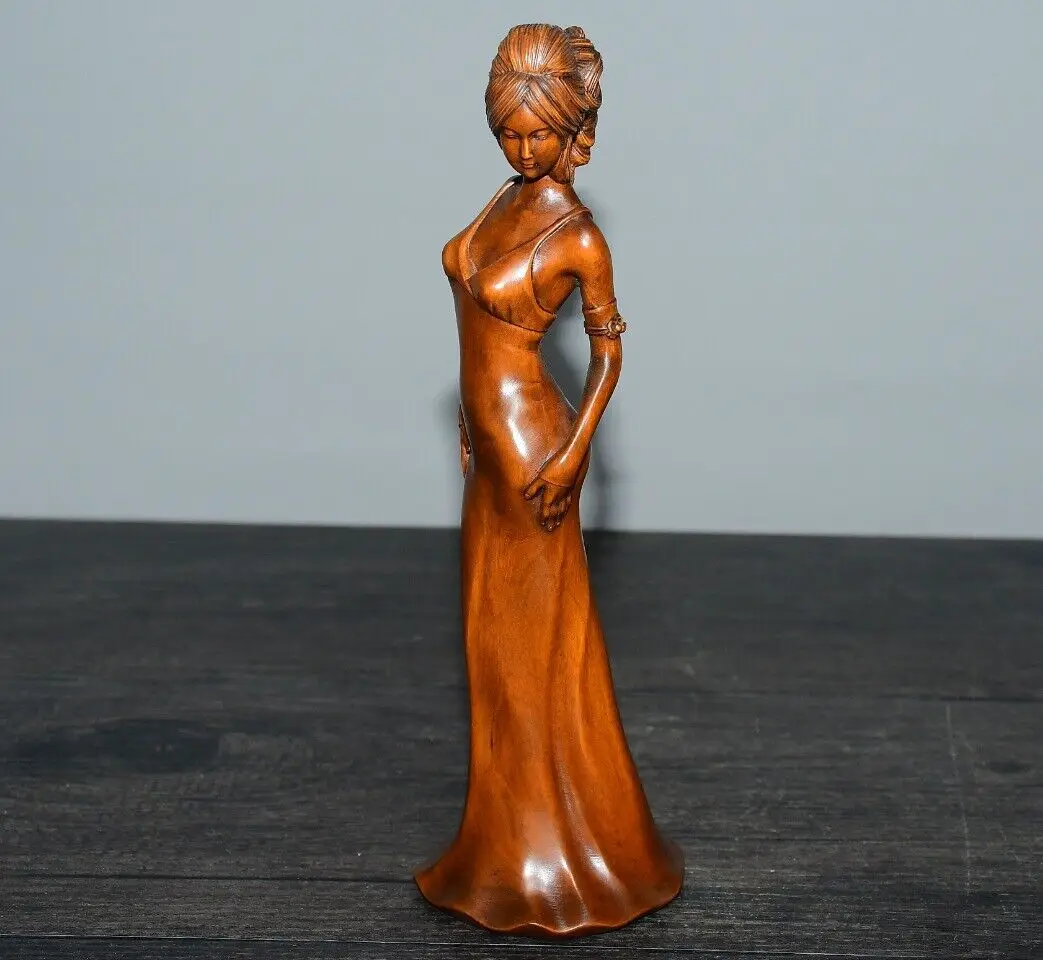 

Chinese Antique Boxwood Carved Beautiful Woman Statue Sexy Sculpture Home Decor