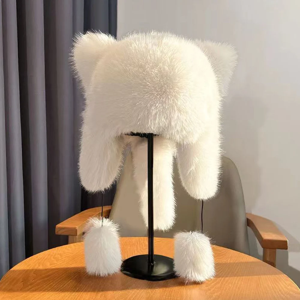 Winter Super Cute Little Bear Hat Thicken Ear Protection Fluffy Faux Fur Bucket Hats Cold Snowy Day Warmer Cap Black White Caps