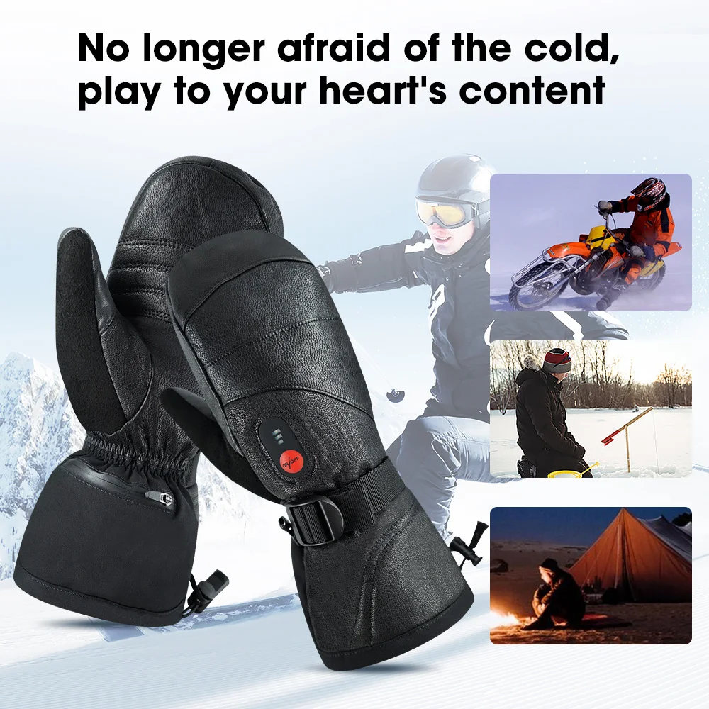 DAY WOLF Heated Gloves Rechargeable Winter Warm Skiing Gloves Goat Skin Leather Waterproof Heating Thermal Gloves For Snowmobile