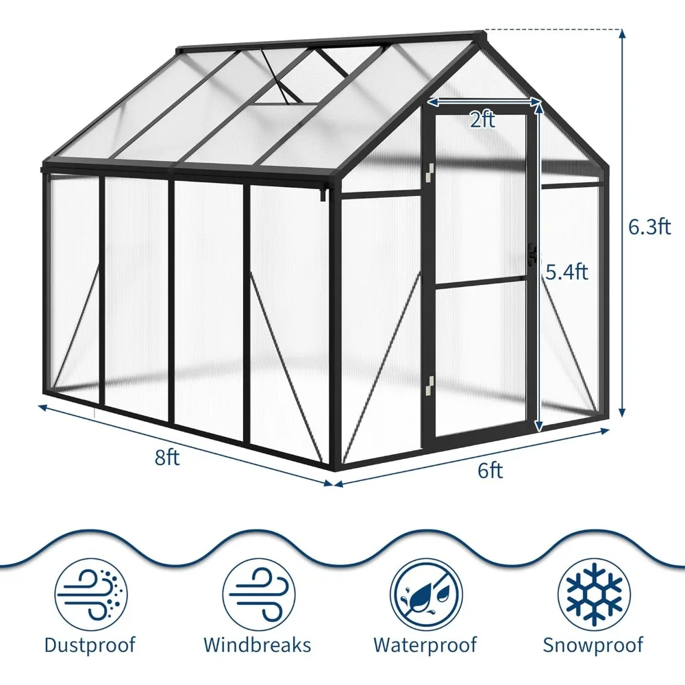 6x8 FT kas, kassen voor buiten, polycarbonaat kas met aluminium frame, afsluitbare deur en verstelbare dak Ven