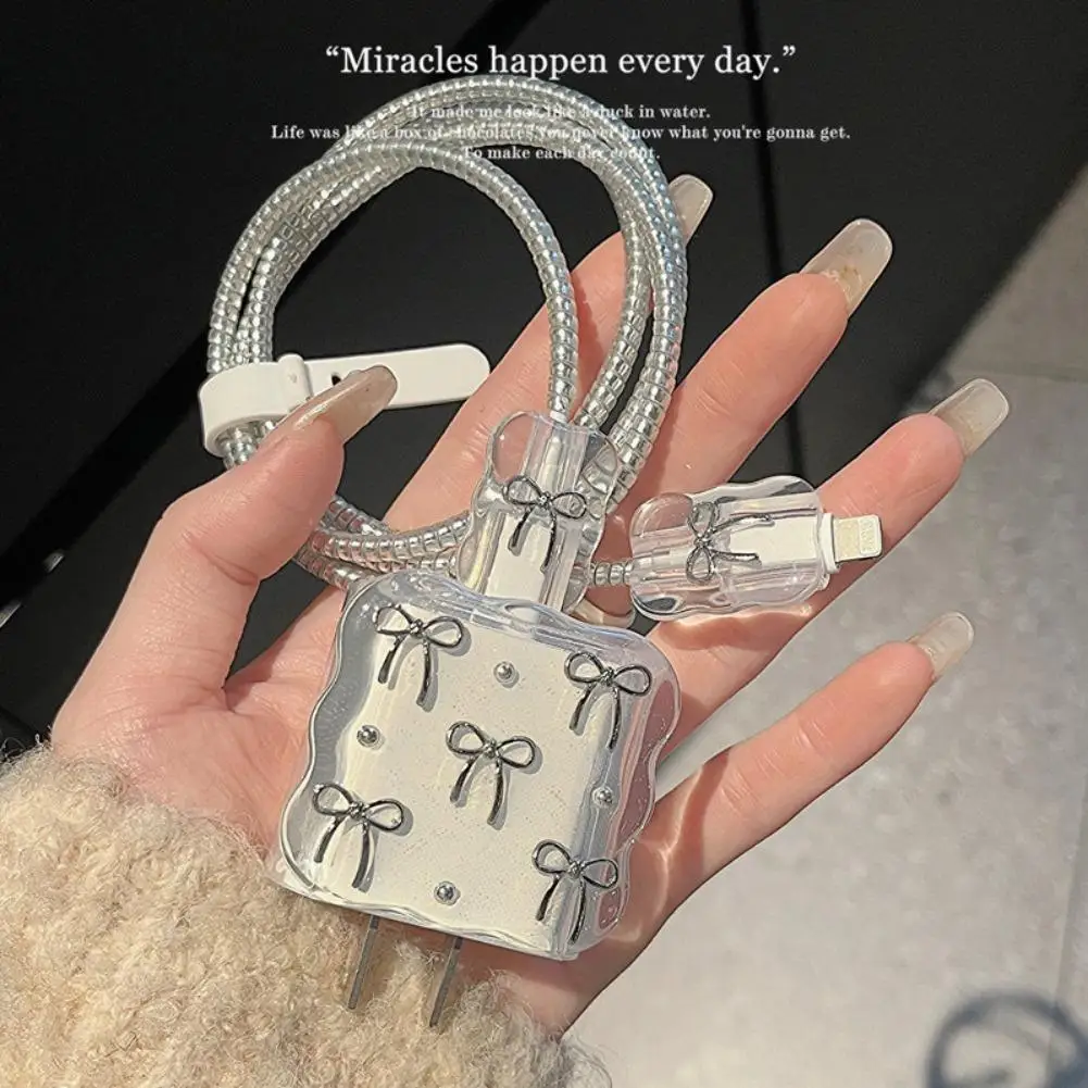 For Apple 18W 20W Charger Case Cable Protector Set Bowknot Transparent Protective Sleeve Organizer