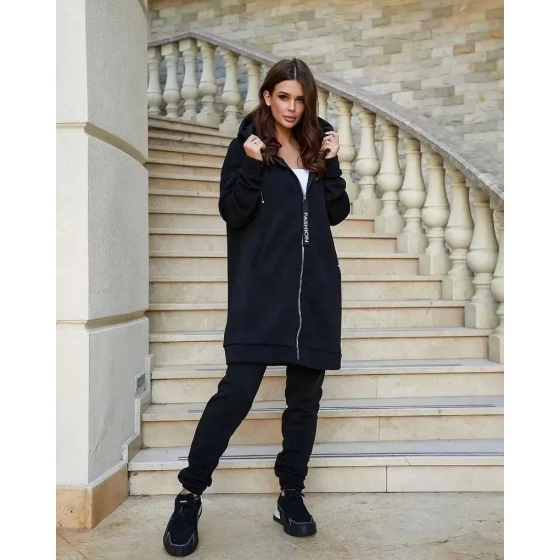Felpa calda a maniche lunghe con cerniera di nuova moda da donna taglie forti e pantaloni lunghi slim fit casual tinta unita set da due pezzi