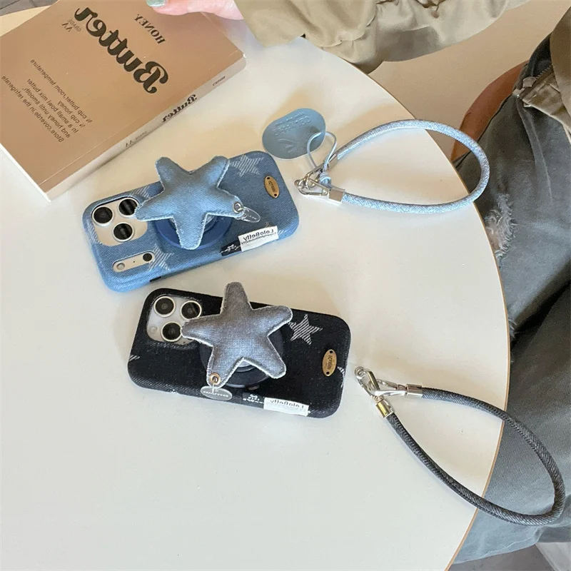 

Korean Red Plaid Pattern Cute Star Phone Case For iPhone 17 16 Pro 14 15 Pro Max Cover with Magnetic Stand Holder Cases