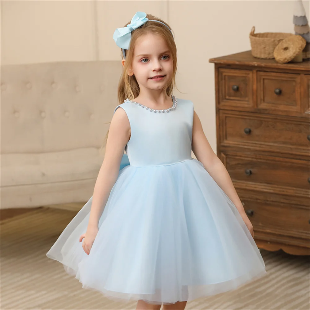 Ragazza del bambino Fiore Compleanno Tulle Abito di perle Abito da sposa con fiocco senza schienale Abiti da bambina con fiocco Abiti da festa per