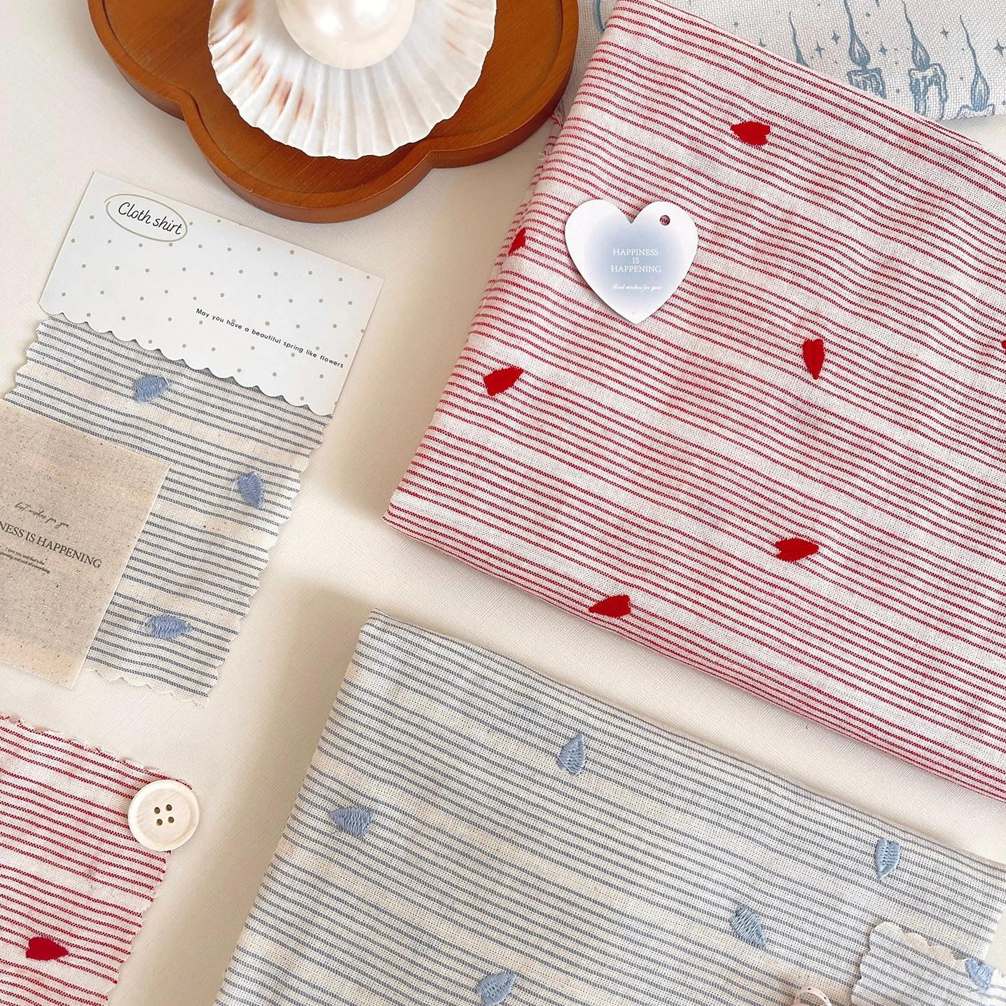 

50x145cm INS Korean Stripe Yarn-dyed Linen Cotton Heart Embroidery Fabric For Sewing Dress Kids Hair Tie Doll Clothes
