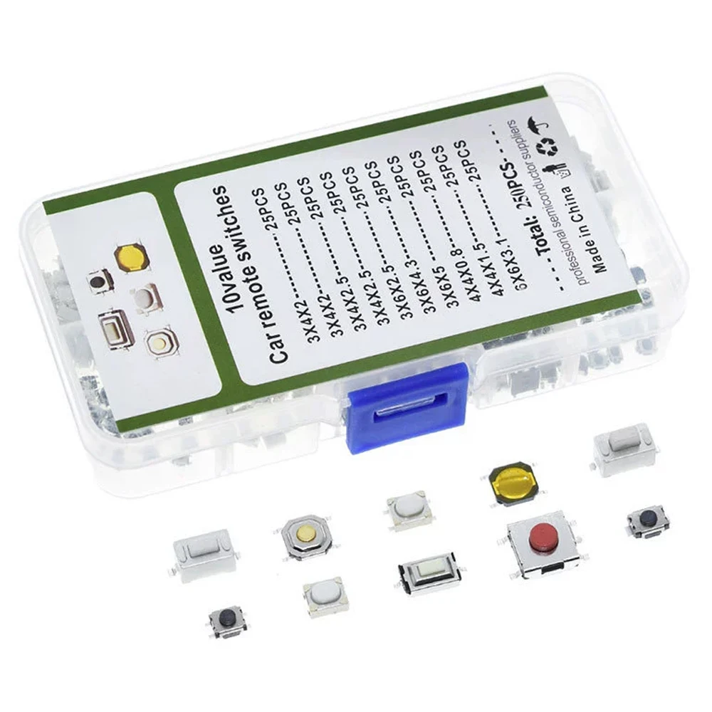 250PCS 10 Kinds SMT Tact Switch 25pcs Each Mini Push Button Switch Automotive Car Electronic Touch Button Assortment Kit