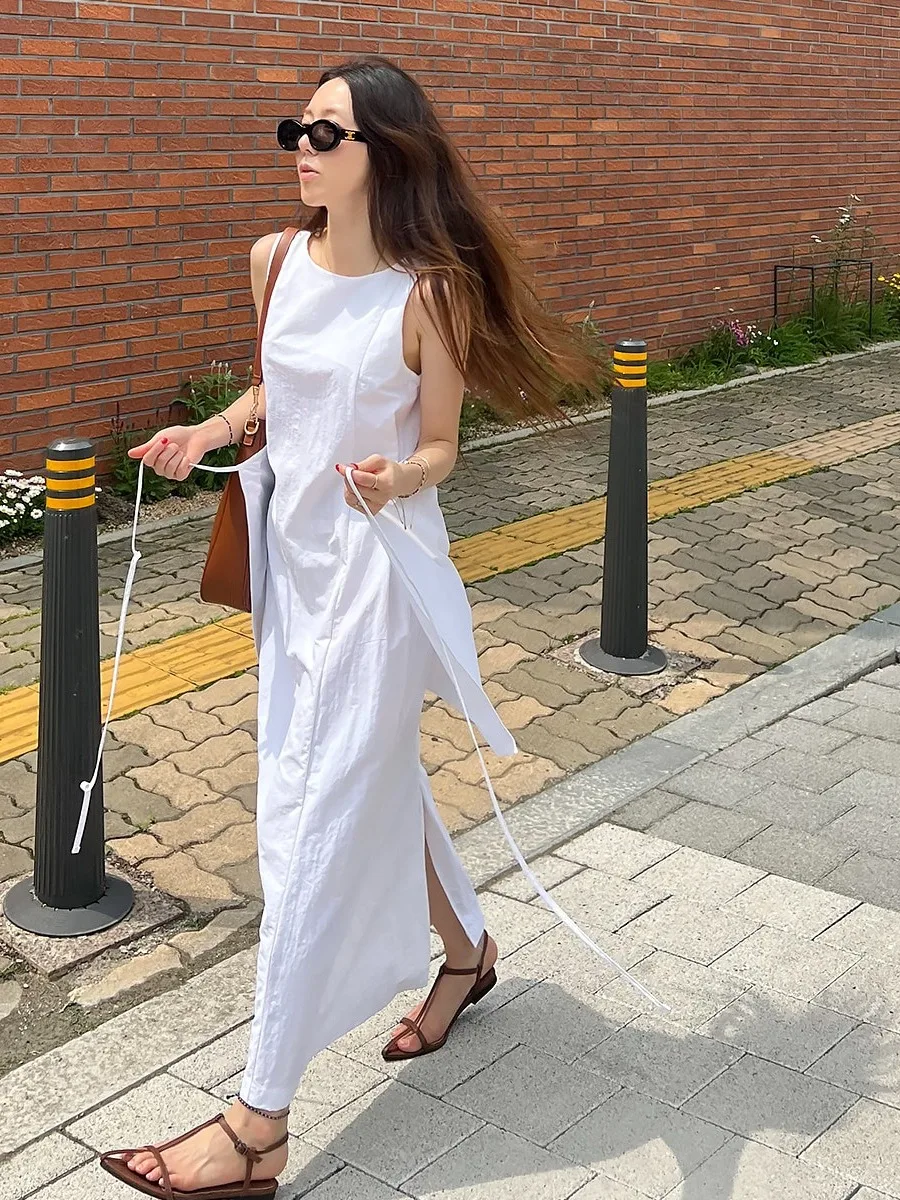 Summer  Sleeveless Women's Dress Korean Style Fashionable Design Back Split Holiday Thin Long Skirt Commute round Neck
