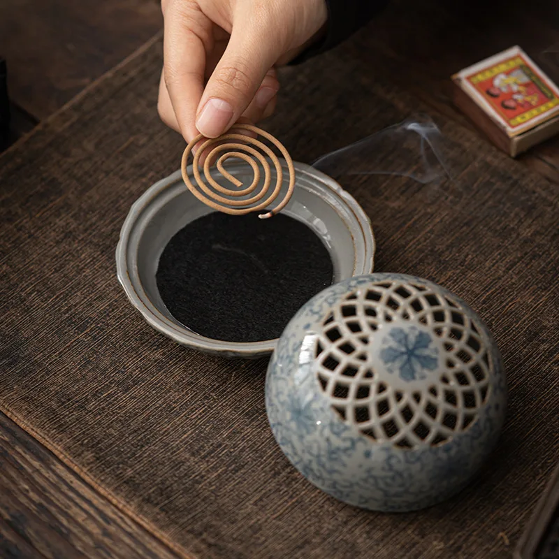 Celadon Floral Pattern Aroma Incense Holder Coil Incense Underglazed Ceramic Crafts Tea House Home Decor