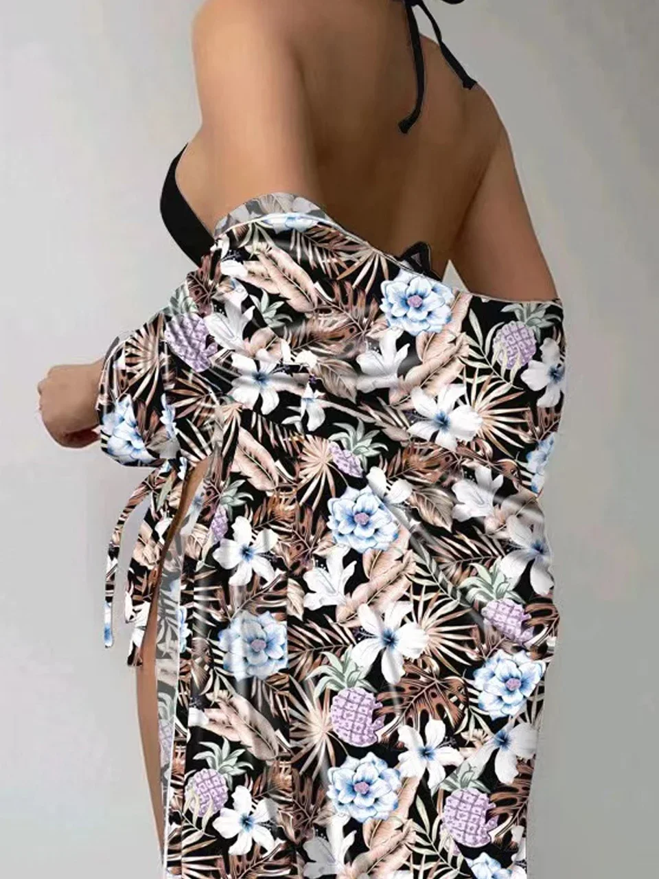 レースアップビキニ＆カバーアップ長袖水着2024女性用3ピースプリント水着サマービーチ水着女性用水着