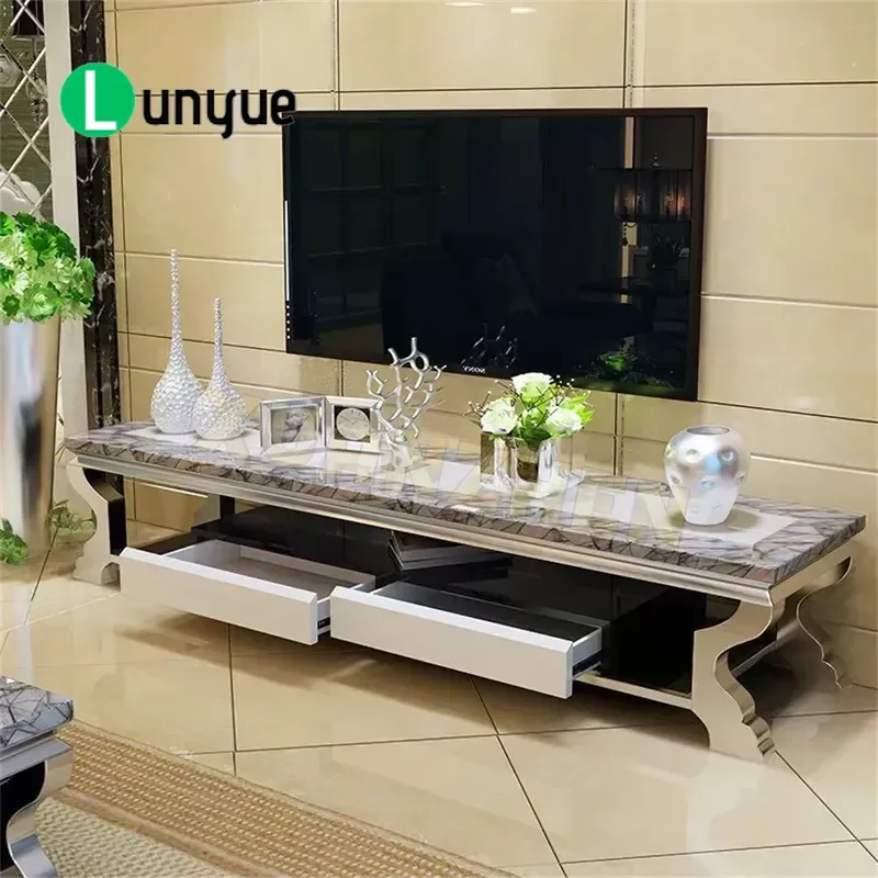 Modern TV Stand with Drawers Silver Stainless Steel White Black Marble TV Cabinet Living Room Furniture Storage Console Table