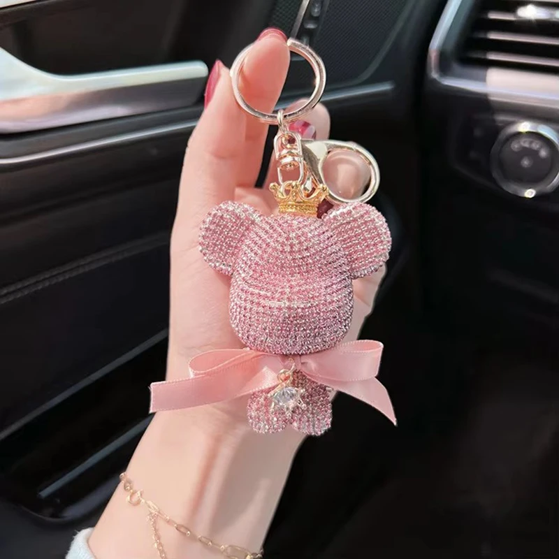 Fashionable full diamond crown violent bear keychain creative bow cute doll car key chain exquisite gift