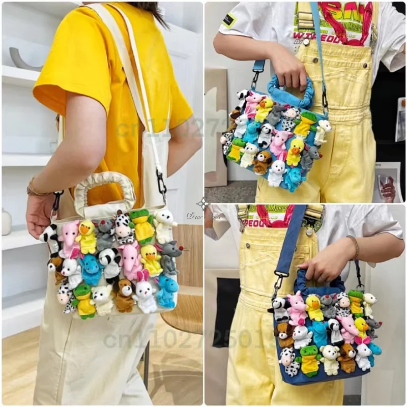 Y2K Denim Cartoon Doll Decoration Shoulder Bag Casual Canvas Crossbody Trendy Tote Bag Fashion Design Handbag Cute Women Purses view 3