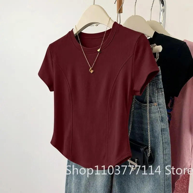 Damen Sommer Kurzarm-Oberteil für Mode, Vielseitiges Basis-Shirt, Hochwertiges Rundhals-T-Shirt, Lässig und Atmungsaktiv und Kühl – Detail 7