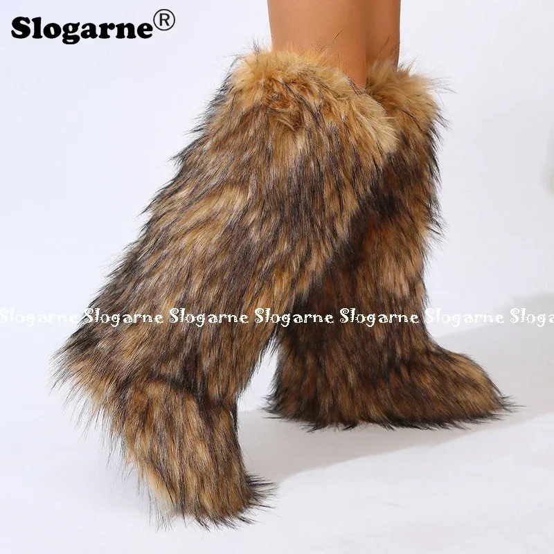 2024 Women Winter Thigh High Fluffy Boots Ladies Furry Faux Fox Fur Long Warm Shoes girls New Designer Plush Knee High Fur Boots