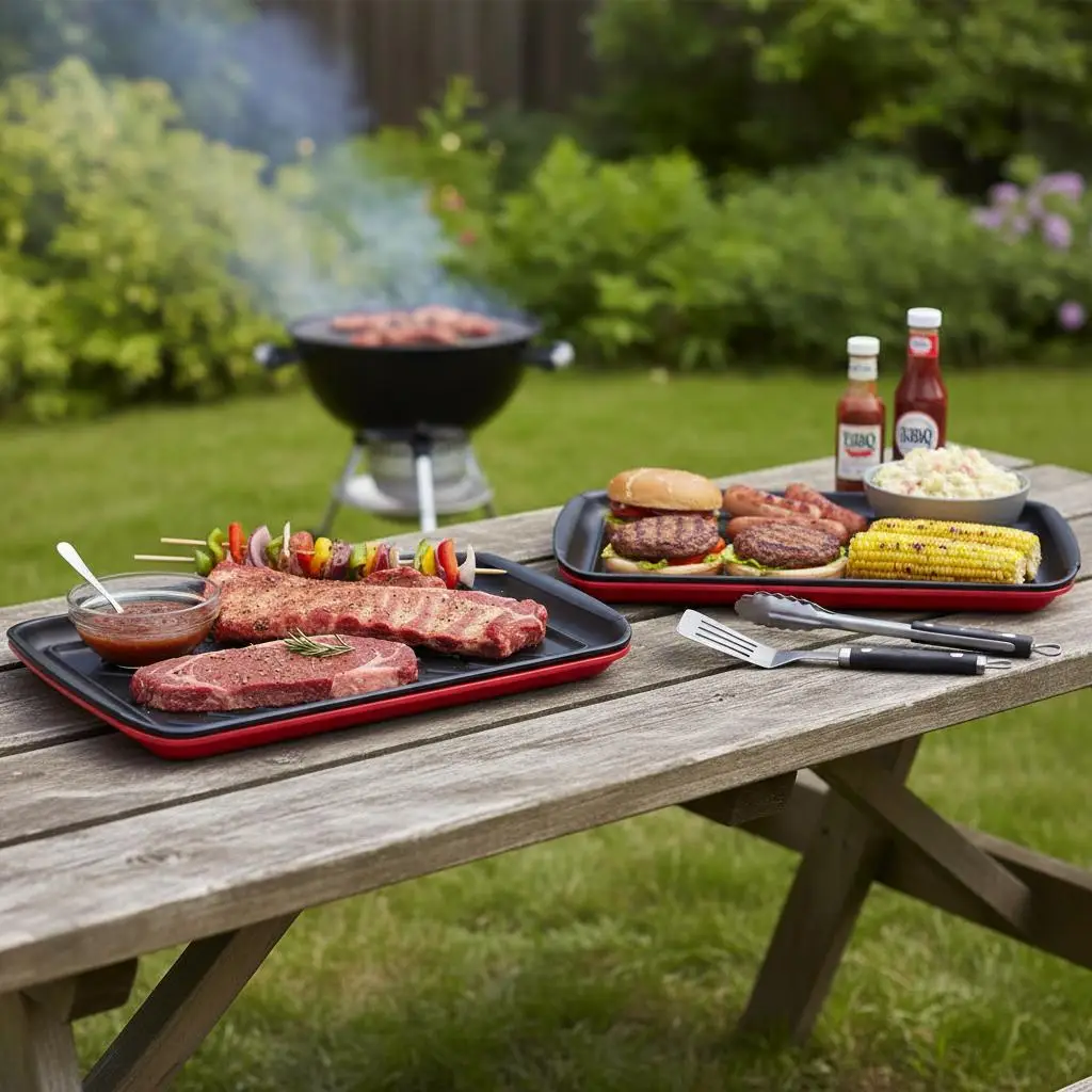 

Меламиновые подносы для еды 17x10,35 дюймов для барбекю, кухни, столовой, набор из 2-х прямоугольных сервировочных подносов с ручками, черный и красный цвета, пластик