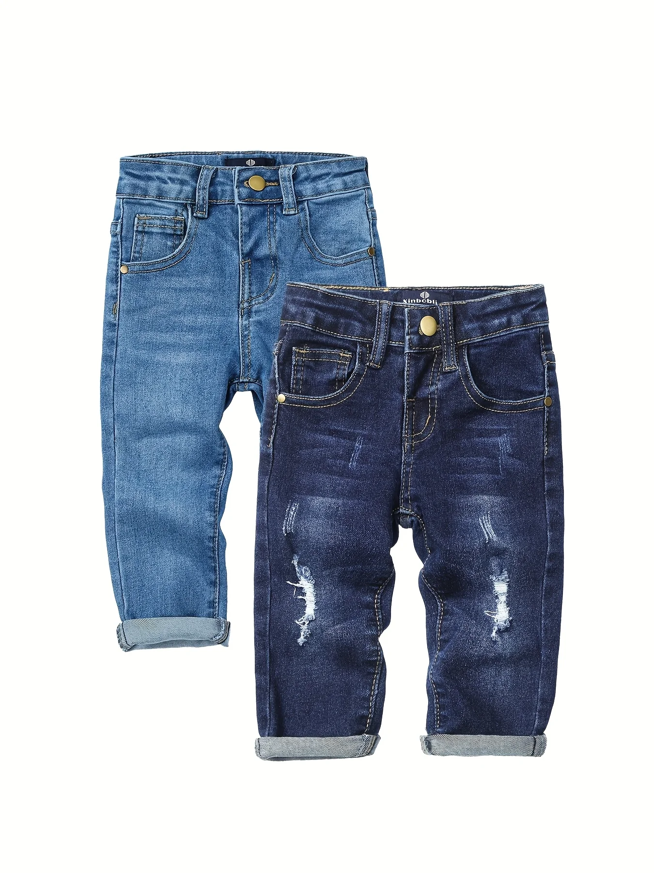 

2pcs Boys' Stretch Slim Fit Jeans Casual Fashion Denim Pants Children's Clothing Suitable for Spring & Fall