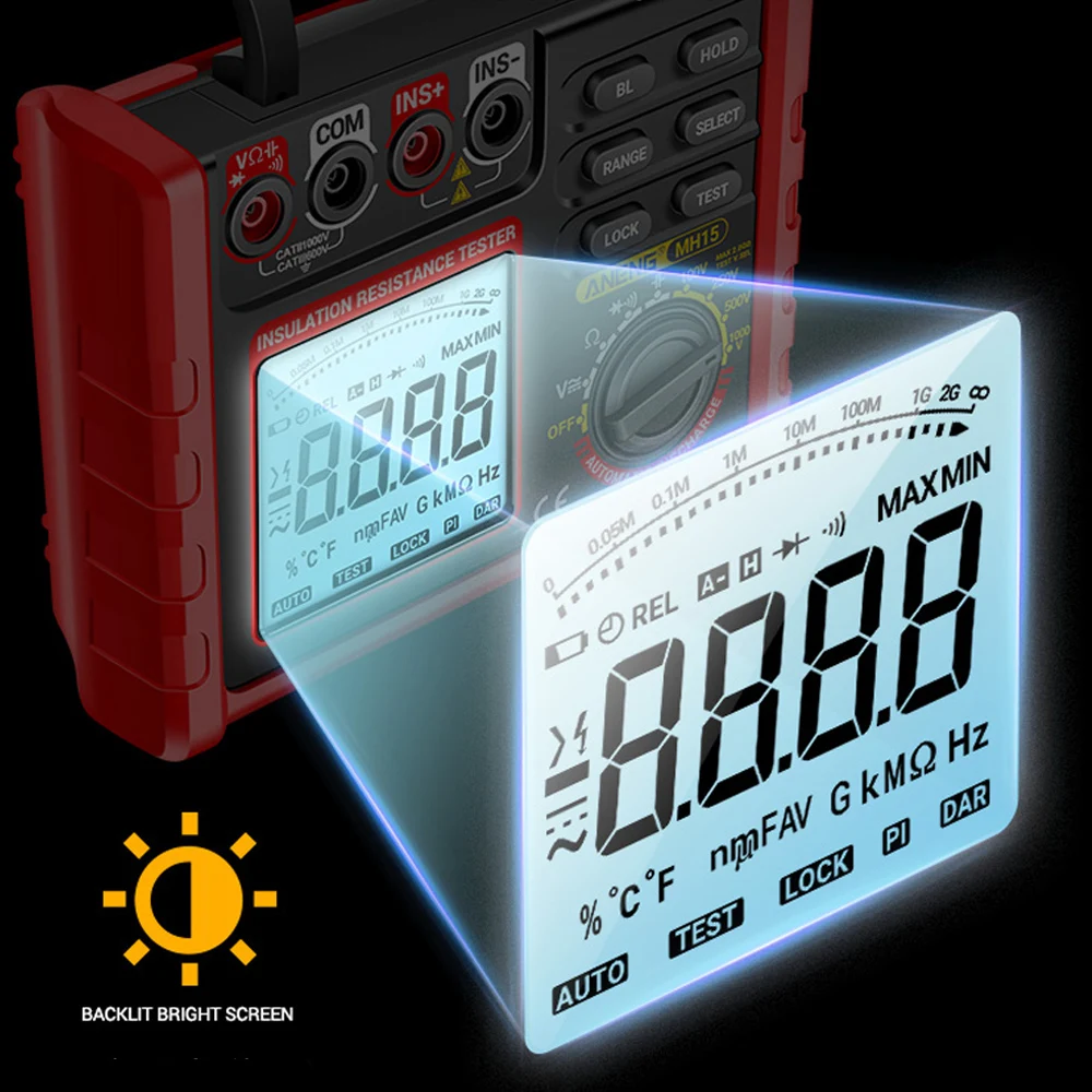 MH15 izolace odolnost multifunkční digitální měřič ohmmetr automatický propustit AC/DC elektrické napětí LCD megohmmeter tester nástroje