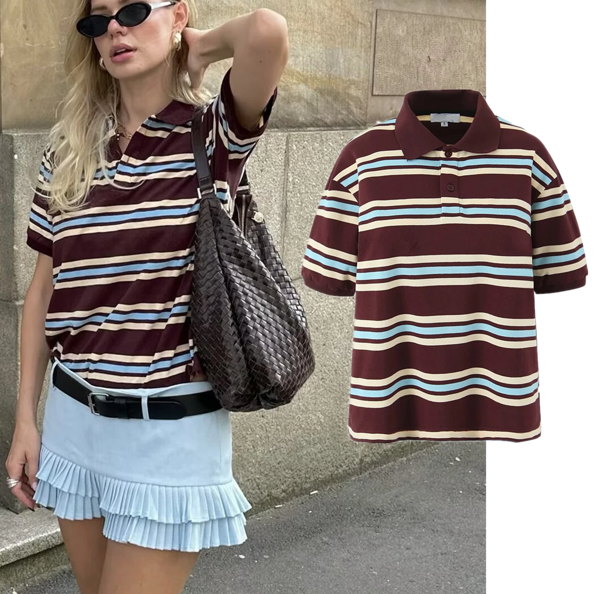 

Maxdutti Minimalist Burgundy Striped Polo T-shirt American Vintage Old School Fashion Girl Short-sleeved Cotton Summer T-shirt W