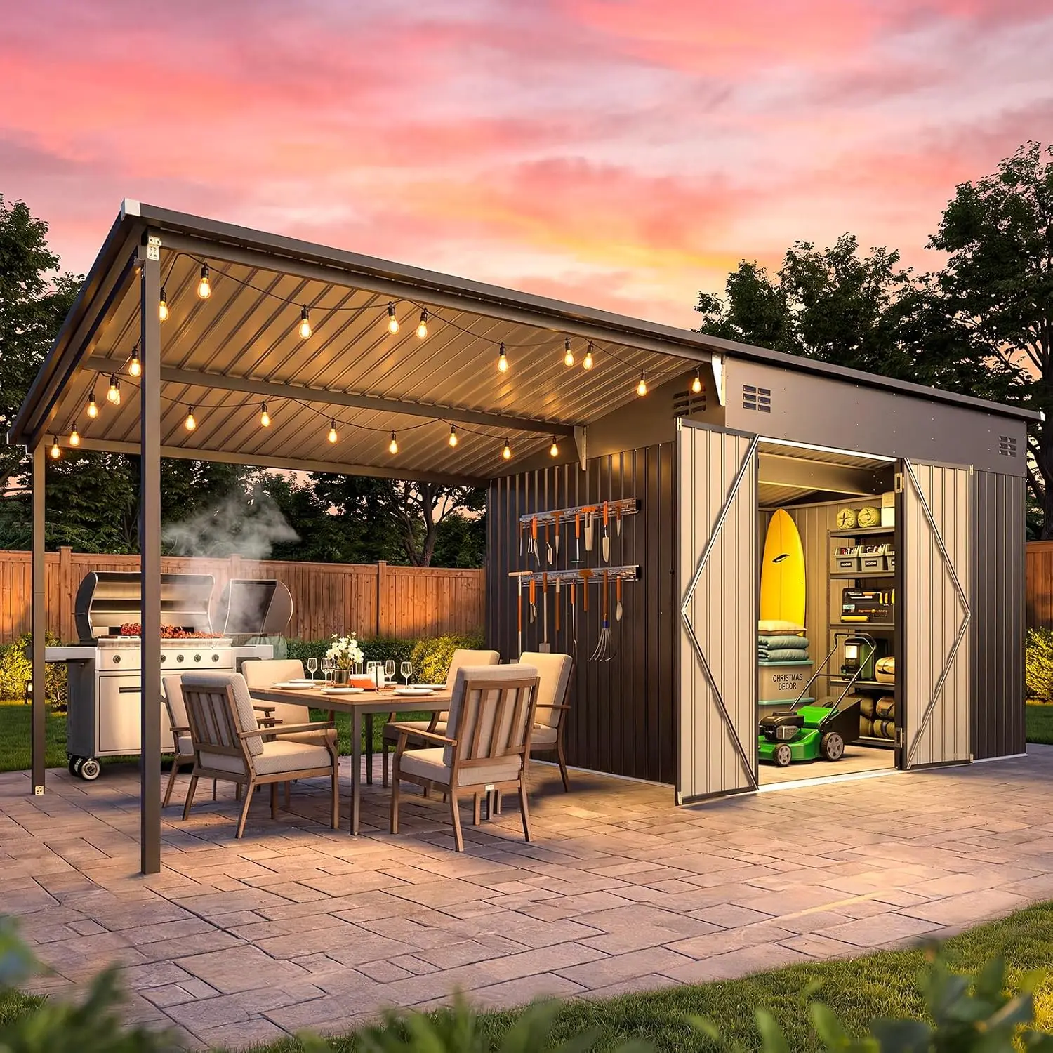 Metal Outdoor Storage Shed with Pergola Hardtop Combo 20x8 FT, Customized