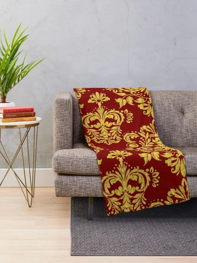 Gold and dark-red floral damask pattern Throw Blanket Winter beds Hairy Thin Luxury Designer Blankets