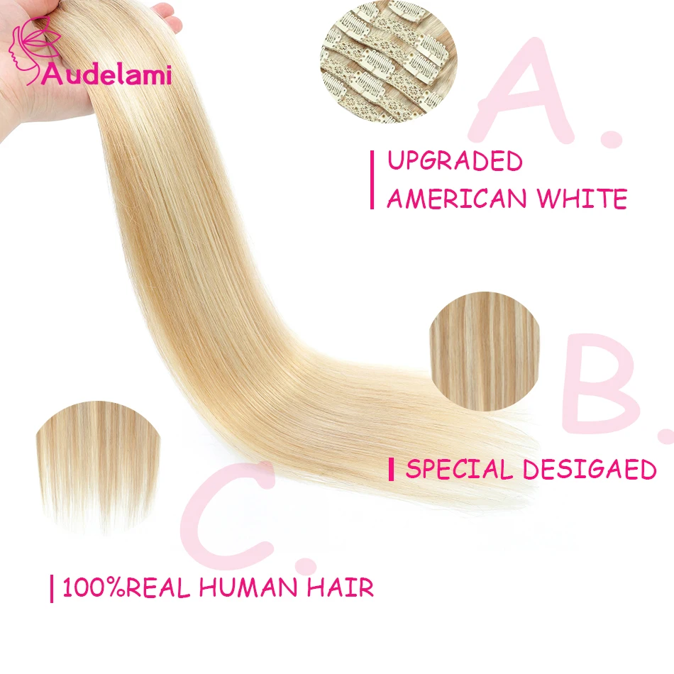 Audelami-clipe em extensões de cabelo para mulheres, extensões de cabelo remy retas, extensão do cabelo real, 14-28in, 100% natural, 7PCs por conjunto