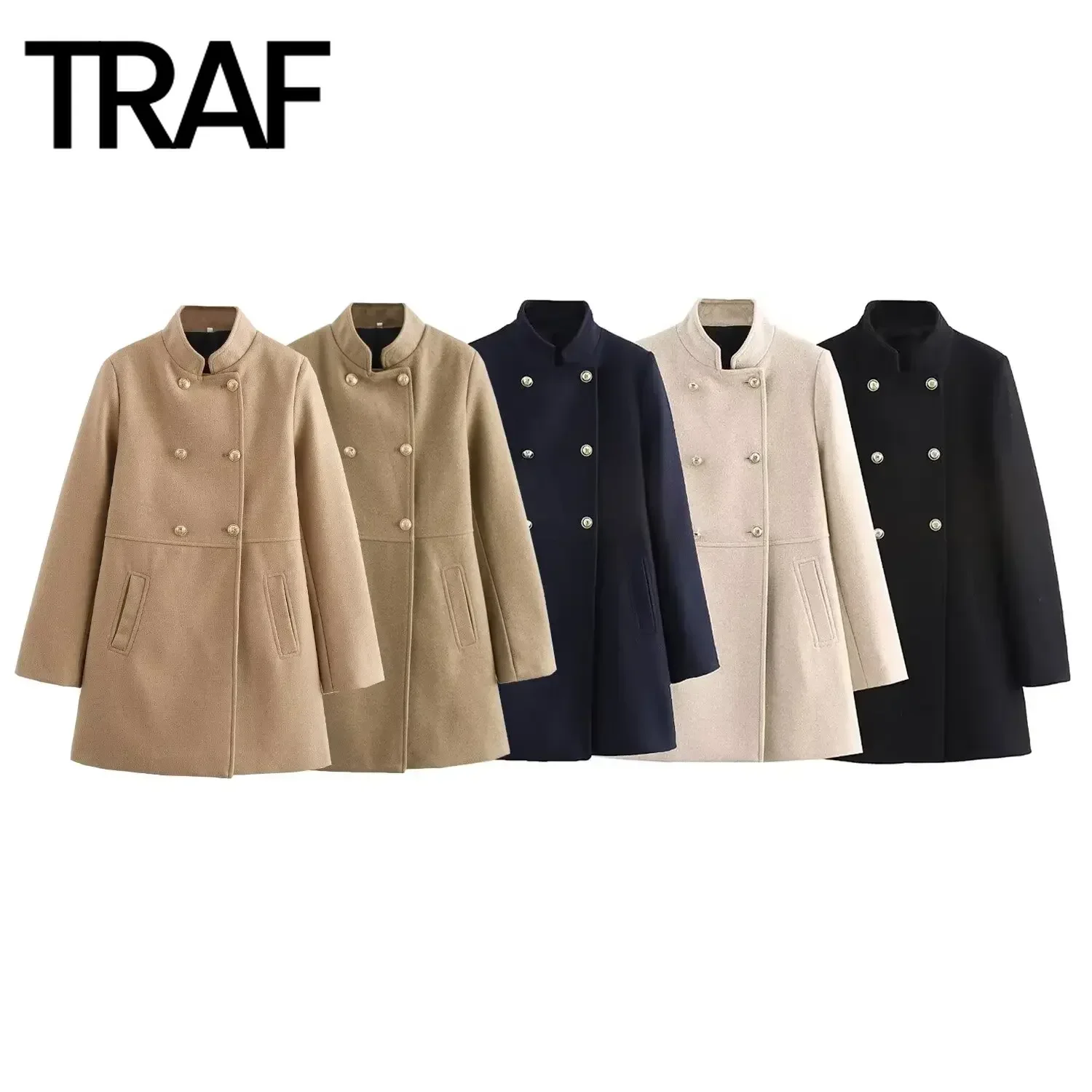 TRAF Wool Blended Coat for Women Fashion Autumn Winter New Long Sleeved Double Breasted Stand Collar Thick Long Coats Jacket