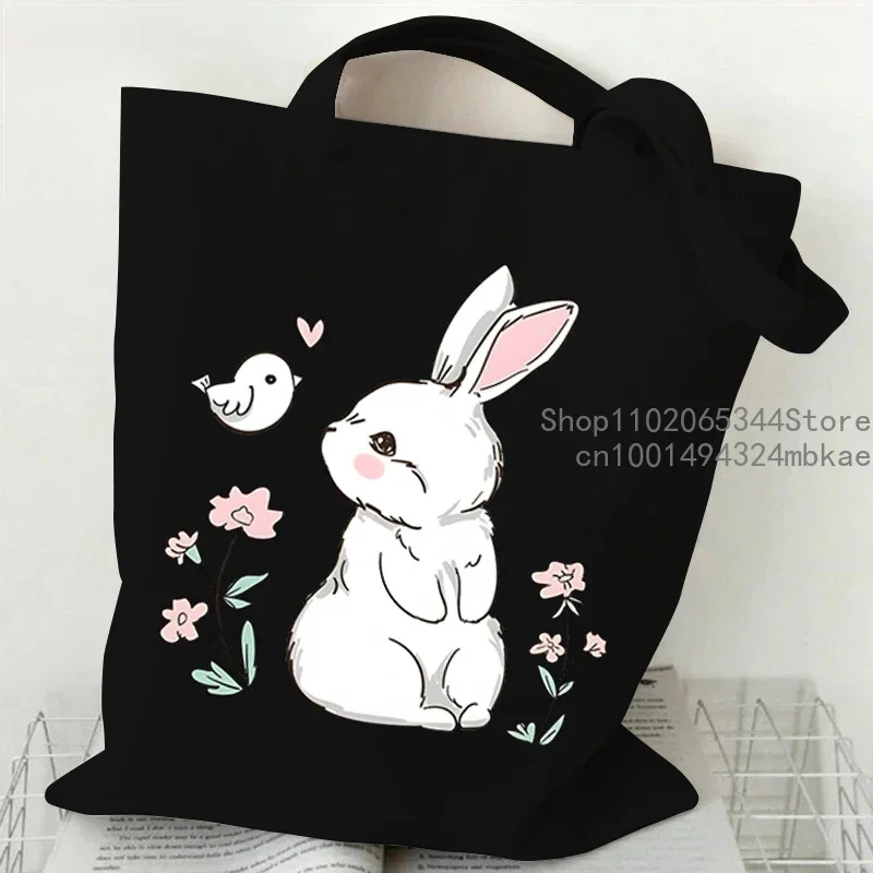 Cute Rabbit Flower Tote Bags for Women Large Capacity Canvas Cartoon New Shopping Bag Y2K Aesthetics Teenager Reusable Handbag