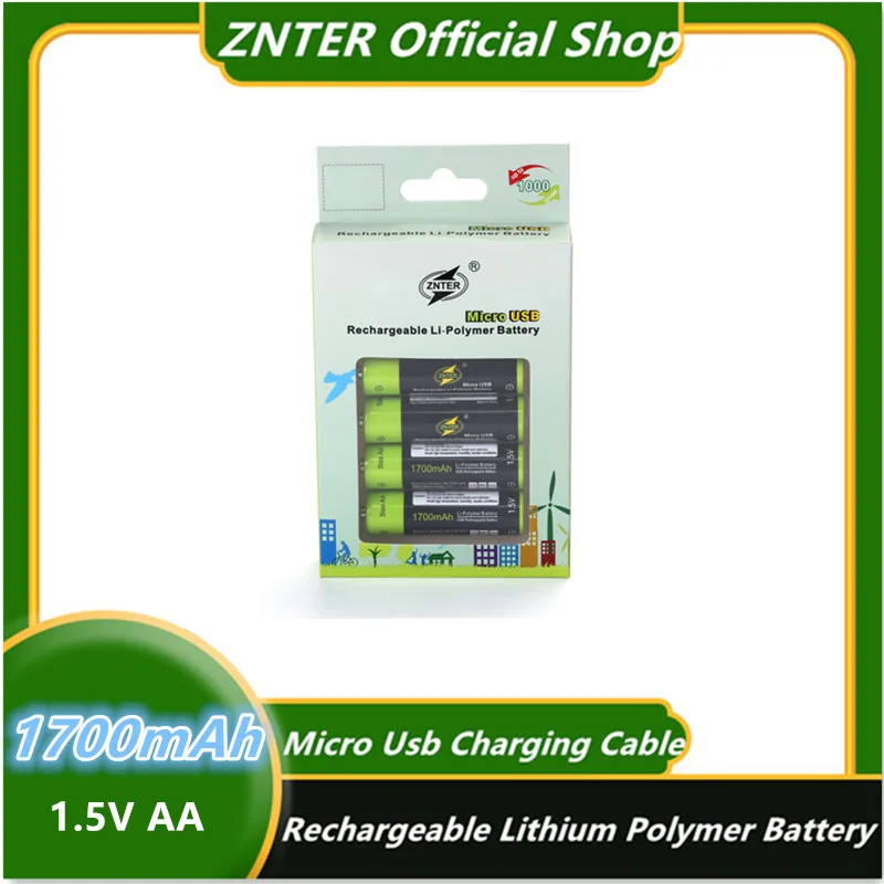 

ZNTER 1.5V AA Rechargeable Battery 1700mAh USB Rechargeable Lithium Polymer Battery Quick Charging by Micro USB Cable Dropship