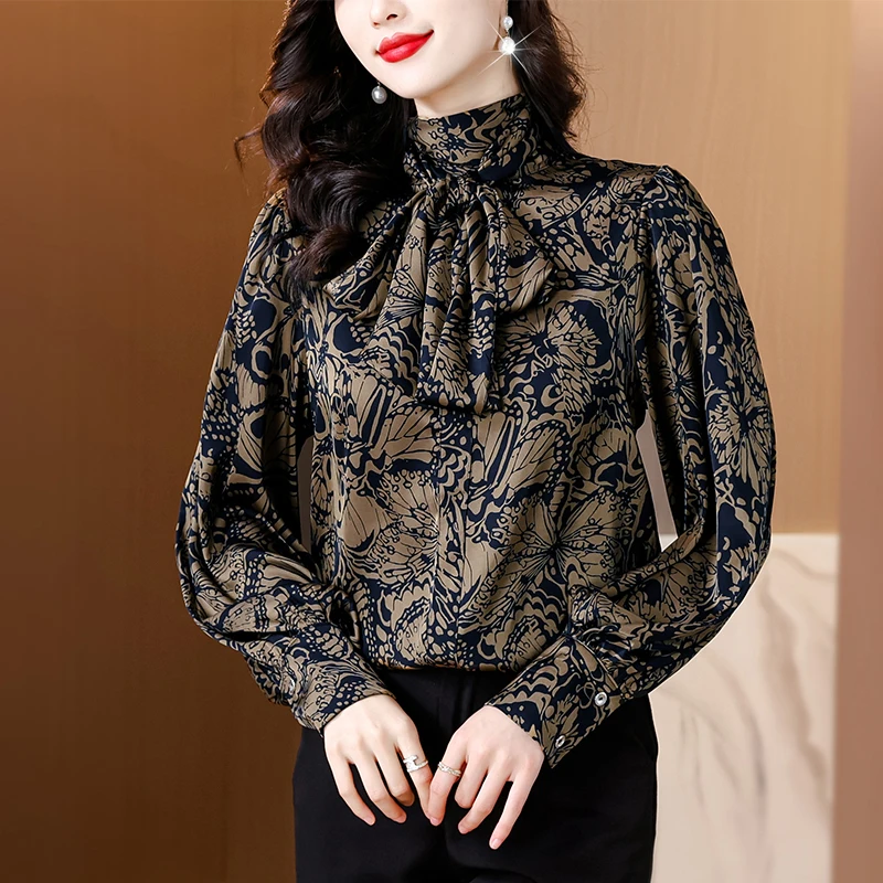 

Chinese Style Women's Blouses Printed Vintage Shirts Fashion Loose Spring/Summer Satin Clothing Long Sleeve Korean Women Tops