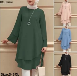 Novas mulheres blusa muçulmana moda design de duas camadas elegante feminino festa de férias camisa sólida topos turquia longo robe abaya hijab 2024