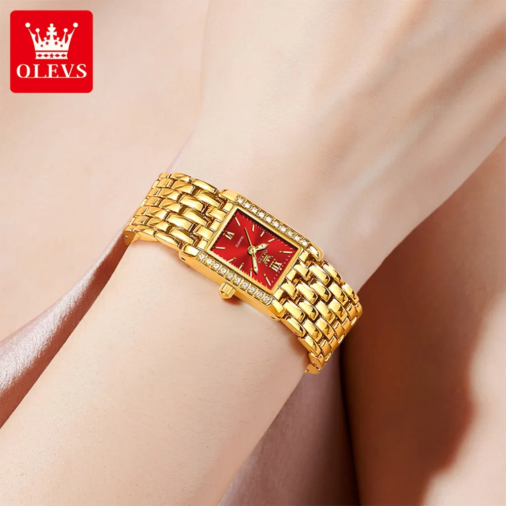 OLEVS Original Women Watches Gold Red Square Quartz Watch Waterproof Stainless Steel Watches For Woman Diamond Bezel Clock