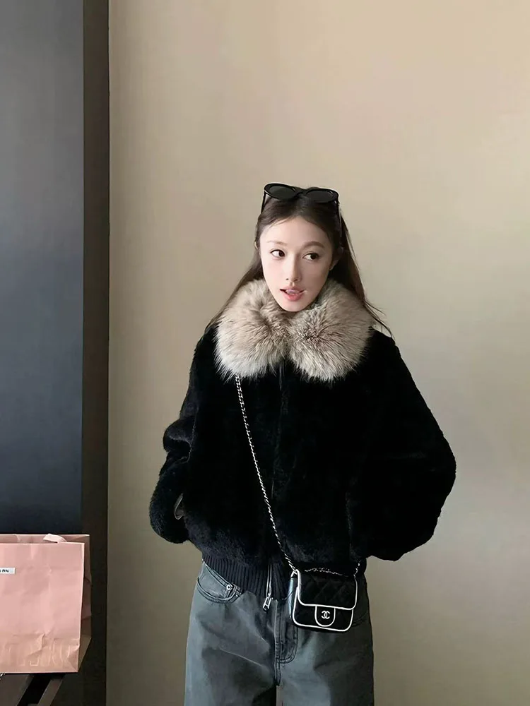 Faux Fur Patchwork Crop Coat Women Korean Thick Warm Black Parka Hairy Jacket Fashion Streetwear All Match Fur Outwears Mujer