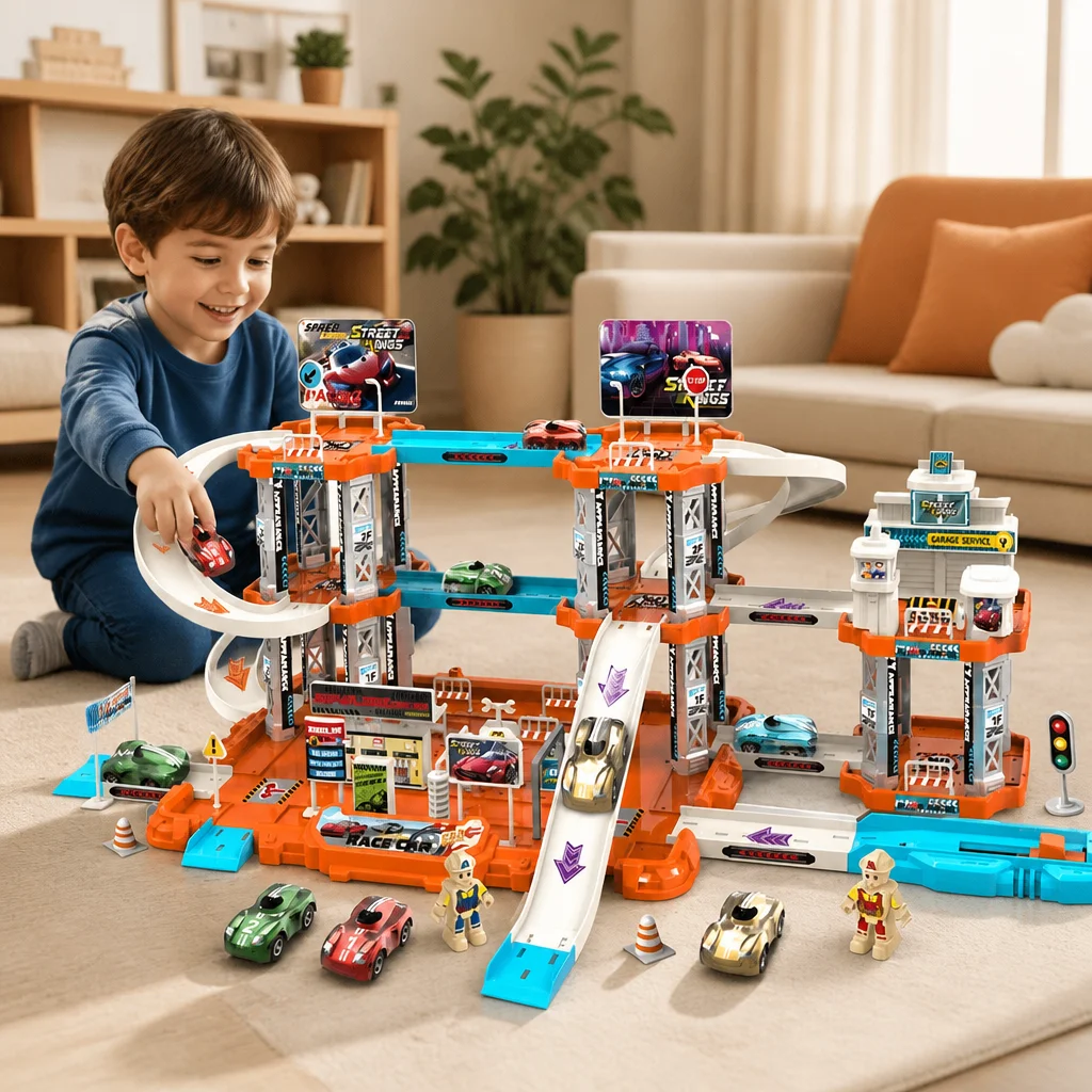 Children's Large Rail Parking Lot Toy Set, City Rail Car Theme Suitable for Two People to Play with Car Toys (Random Colors)
