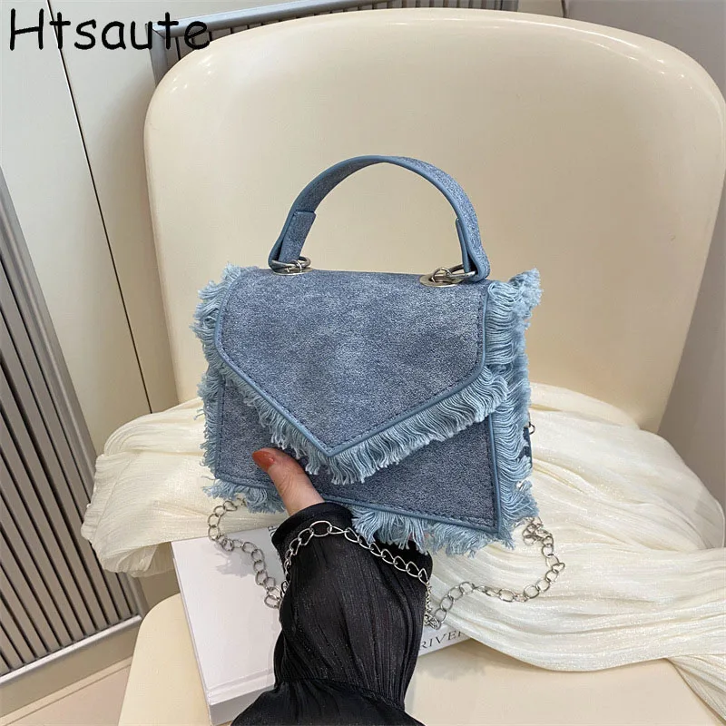 

Denim Tassel MINI Handbag For Women Solid Color Covered Crossbody Bags Ladies Single Shoulder Bag Square Crossbody Chain Bag