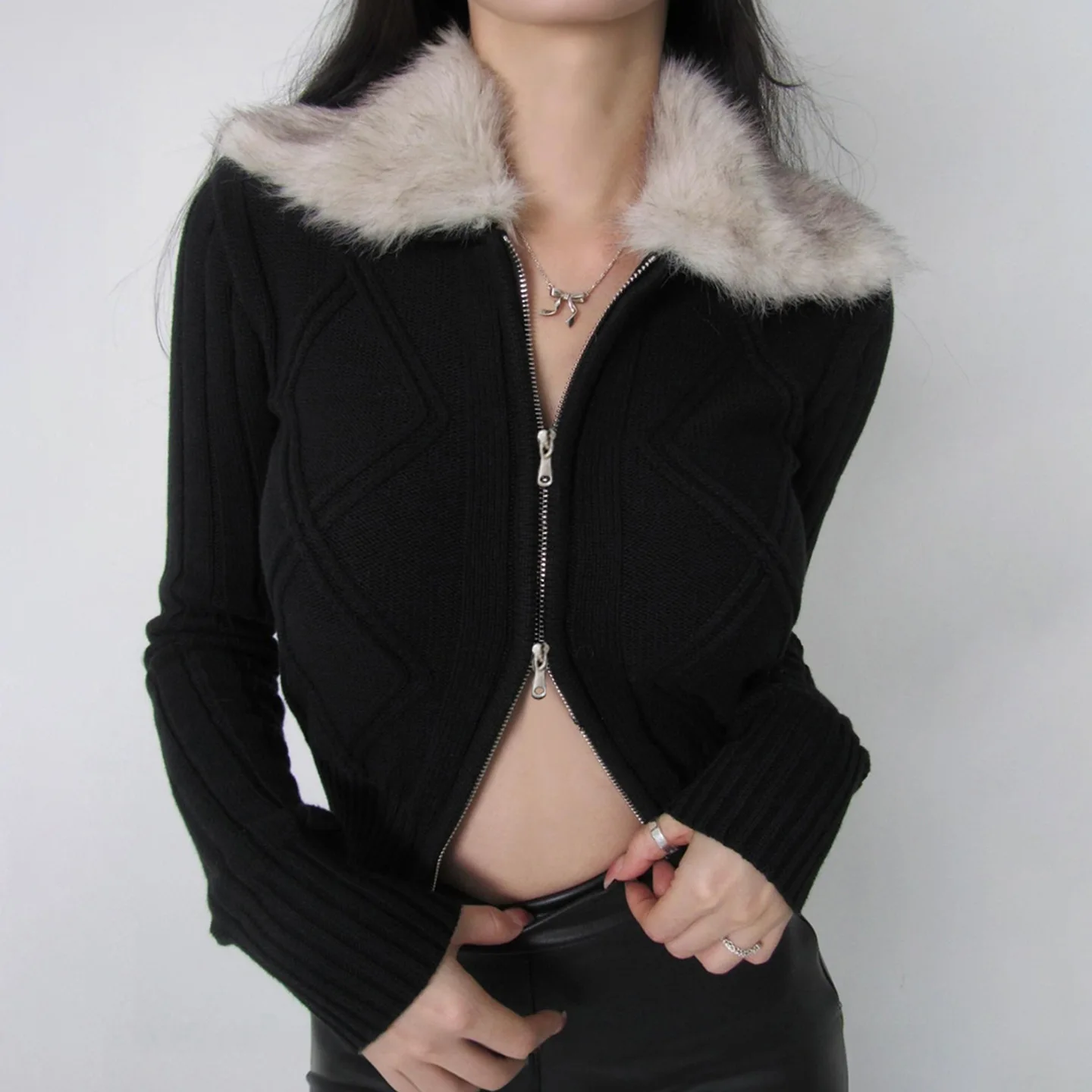 

Women Knitting Coat 2025 Autumn Winter Women's Hot Girl Jacket Furry Panel Zip Up Stylish Warm Lapel Knit Outerwear