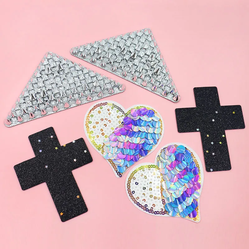 

Female Fashion Punk Triangle Rivet Heart of the Ocean Color Sequins Black Cross Style Nipple Covers Night Club Pool Dance Wear