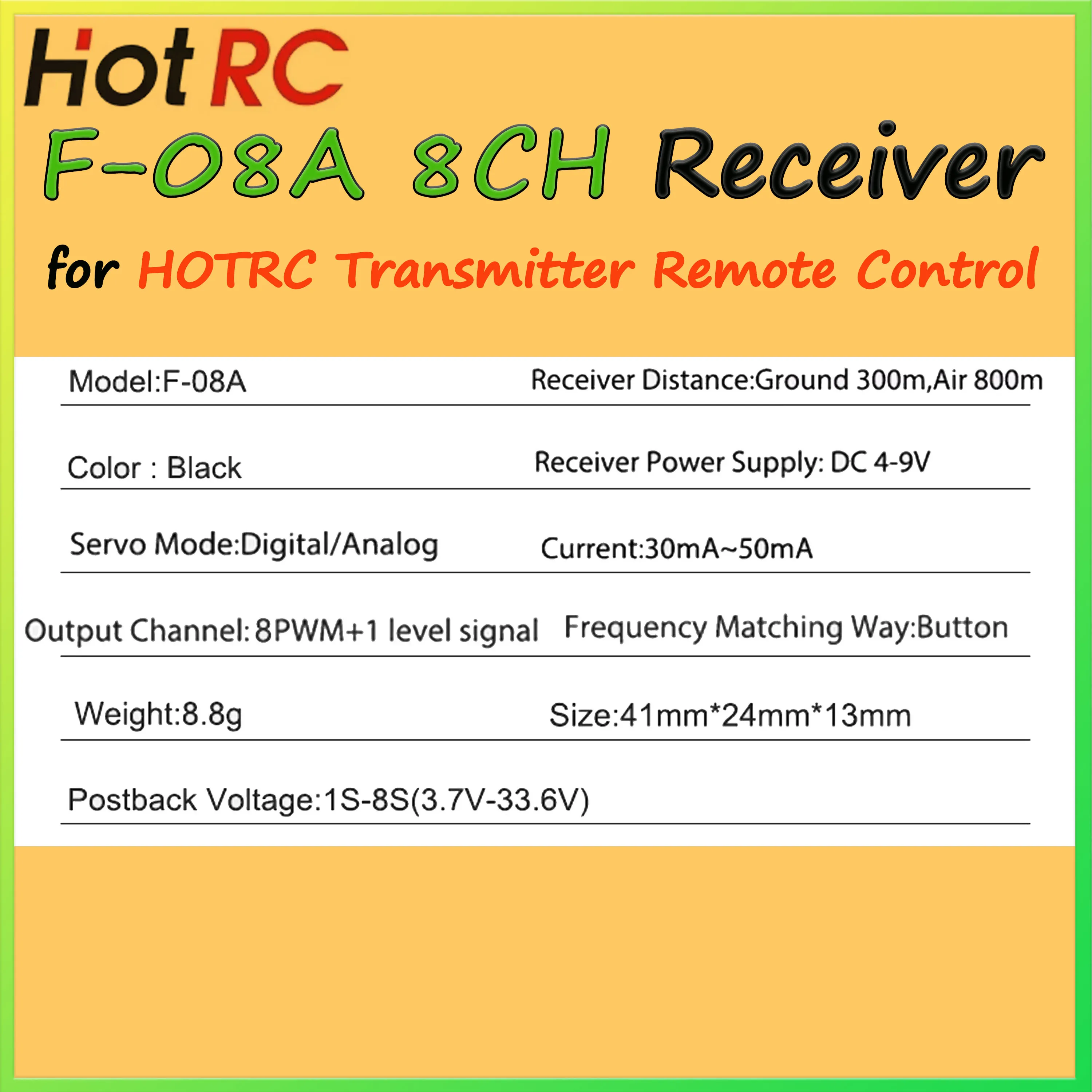 

HOTRC F-08A 2.4G 8 Channel PWM 8CH Receiver for CT-8A CT-8B CT-10B Transmitter Remote Control RC Car Boat Tank Upgraded Parts