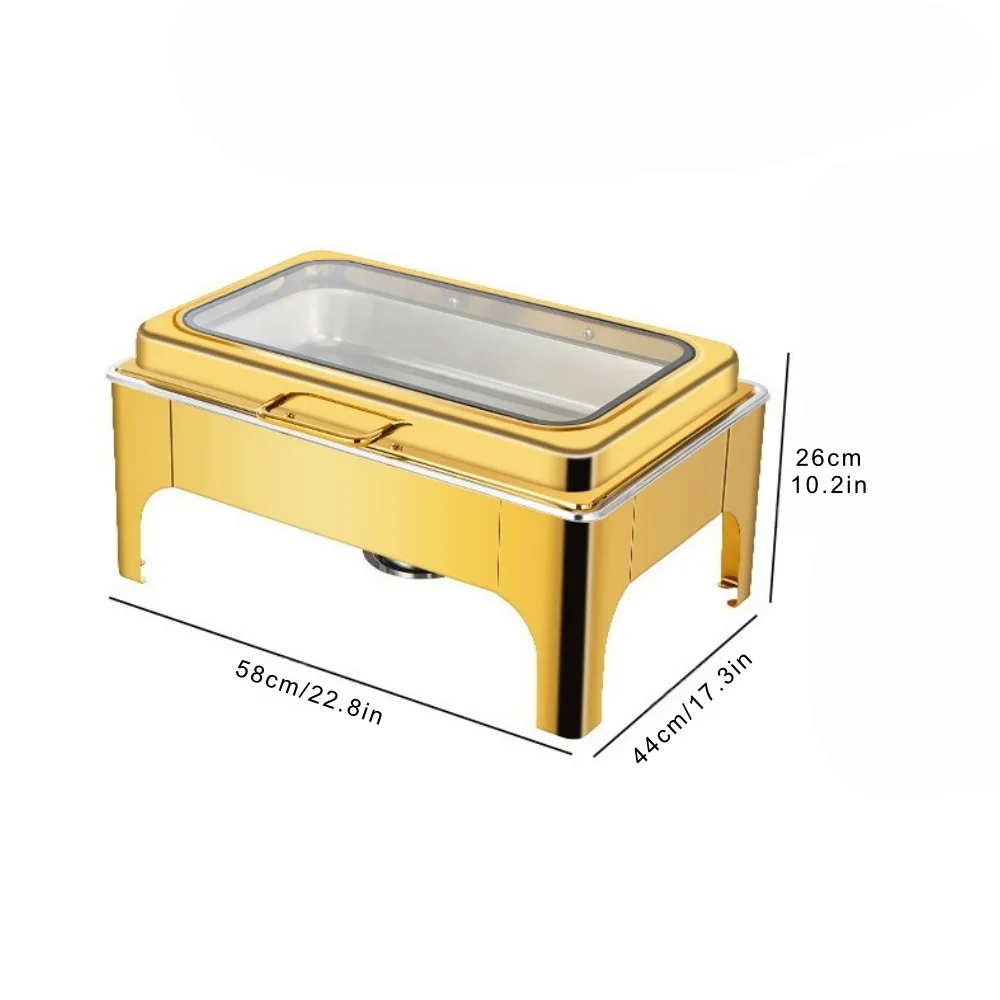 Gold Chafing Dishes, 9.5QT, High-footed Square Stainless Steel Chafing Dish with Transparent Hydraulic Lid, 1/2/3 food pan