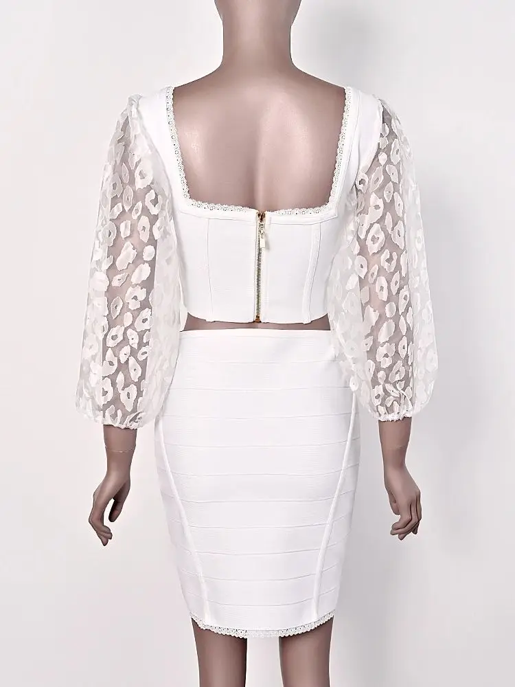 Lange mouwen mini sexy lange rok set mouwen mooie witte luipaardprint vrouwen bandage set bodycon tops slanke elastische roksets