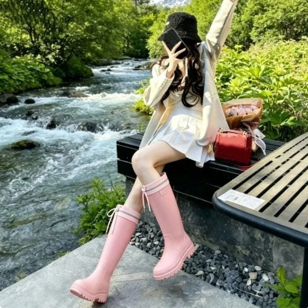 Durable Waterproof Water Shoes High Tube Anti Slip Women Rain Boots Middle Heel PVC Rain Shoes Hiking