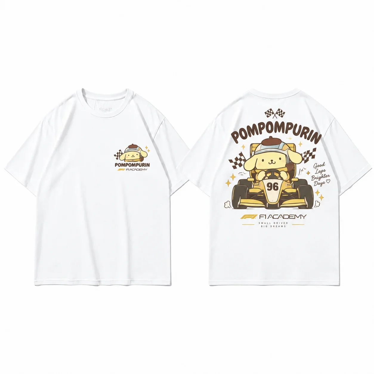 Sanrio Pompompurin Racing Good Friends Parent Child Cute Print T Shirt Men's Women's White Short Sleeve Sporty Streetwear Top