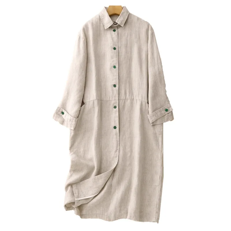 

SuperAen Women's 2025 Spring New Linen Long-sleeved Loose Solid Color Striped Trench Coat Simple Long Casual Coats