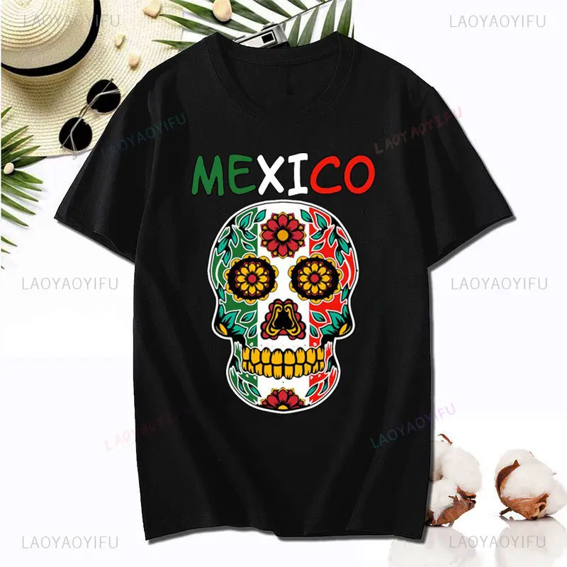 MEXICO Day of The Dead Printed Skull T-shirt Fashion Funny Holiday Party Costumes Man Women Summer Cotton Casual Short-sleev Tee