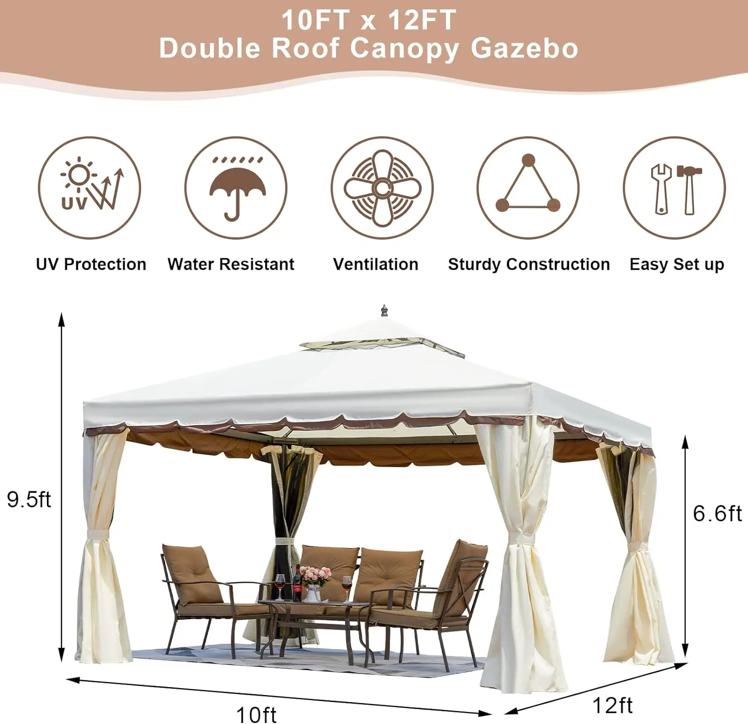 Shelter Canopy Pop Up, 10x12FT Double Roof Patio Gazebo Steel Frame with Netting and Shade Curtains, Shade Canopy