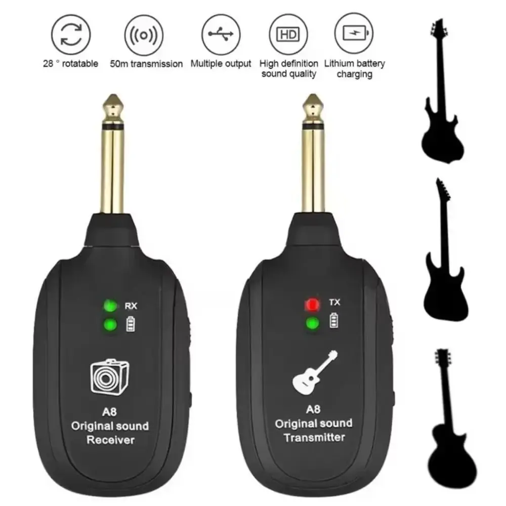 

1 Set UHF Guitar Transmitter&Receiver 20Hz-20kHz USB Wireless Guitar Receiver Rechargeable A8 Wireless Guitar Adapter Bass