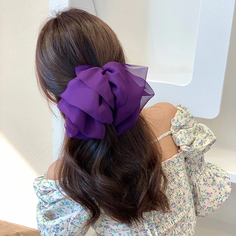 Lystrfac 2022 New Solid Color Mesh Oversize Hairpin for Women Back Head Bow Hair Clips Headdress Female Hair Accessories