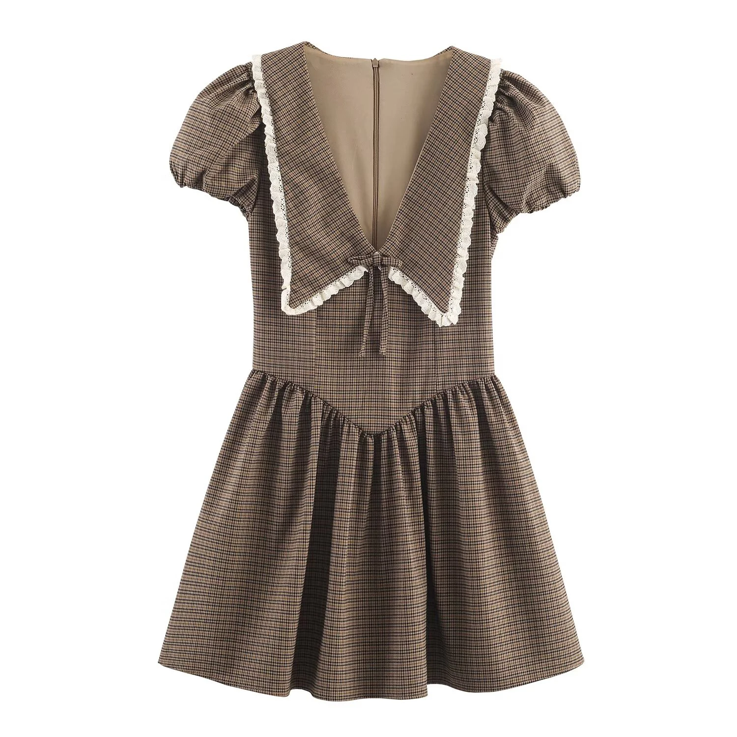 Autumn new women's clothing sweet and fashionable temperament bow check small round collar short sleeved dress