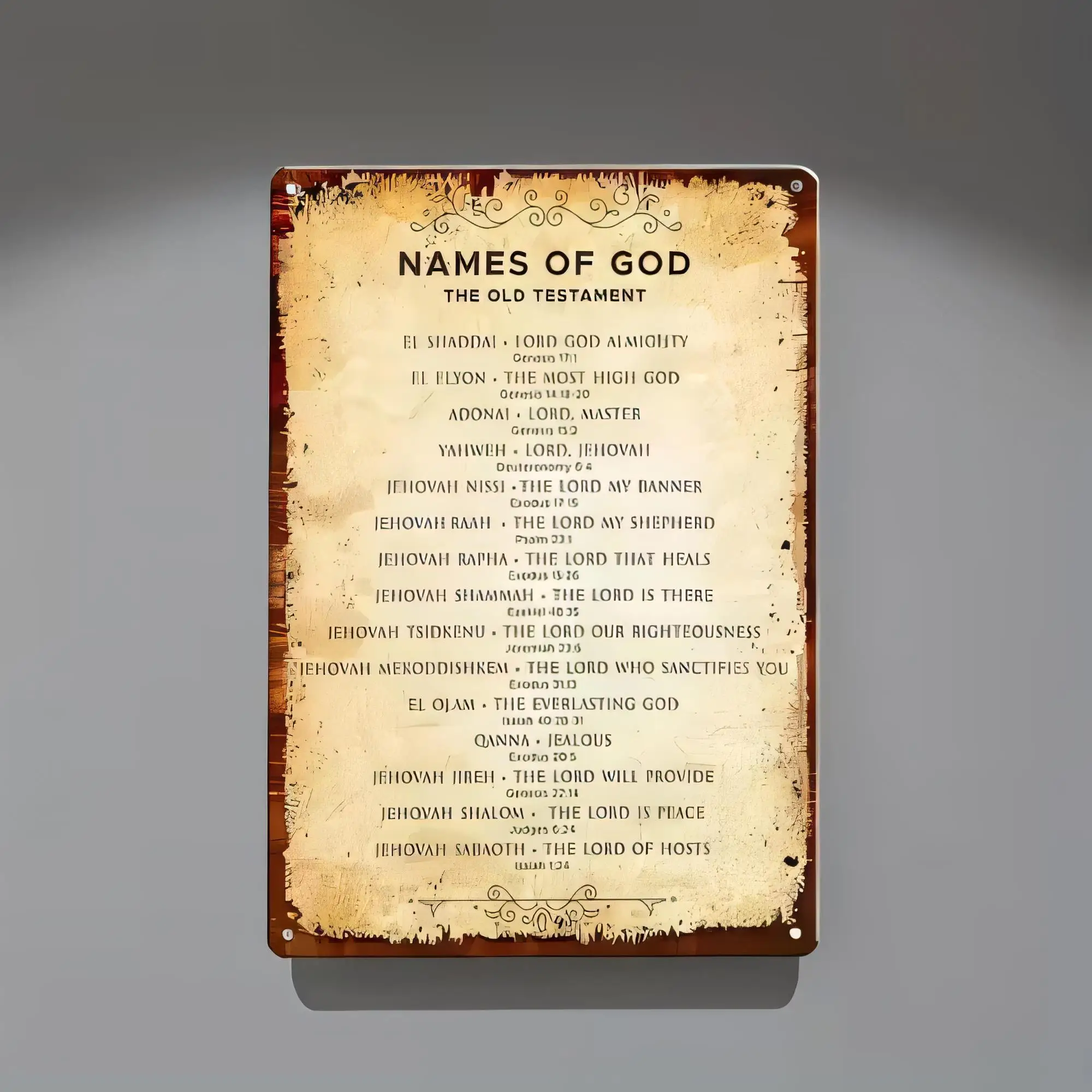 Tin Sign Names Of God The Old Testament El Shaddai Jehovah Lord Of Hosts Vintage Retro Metal Wall Art Poster for Home Church Bib